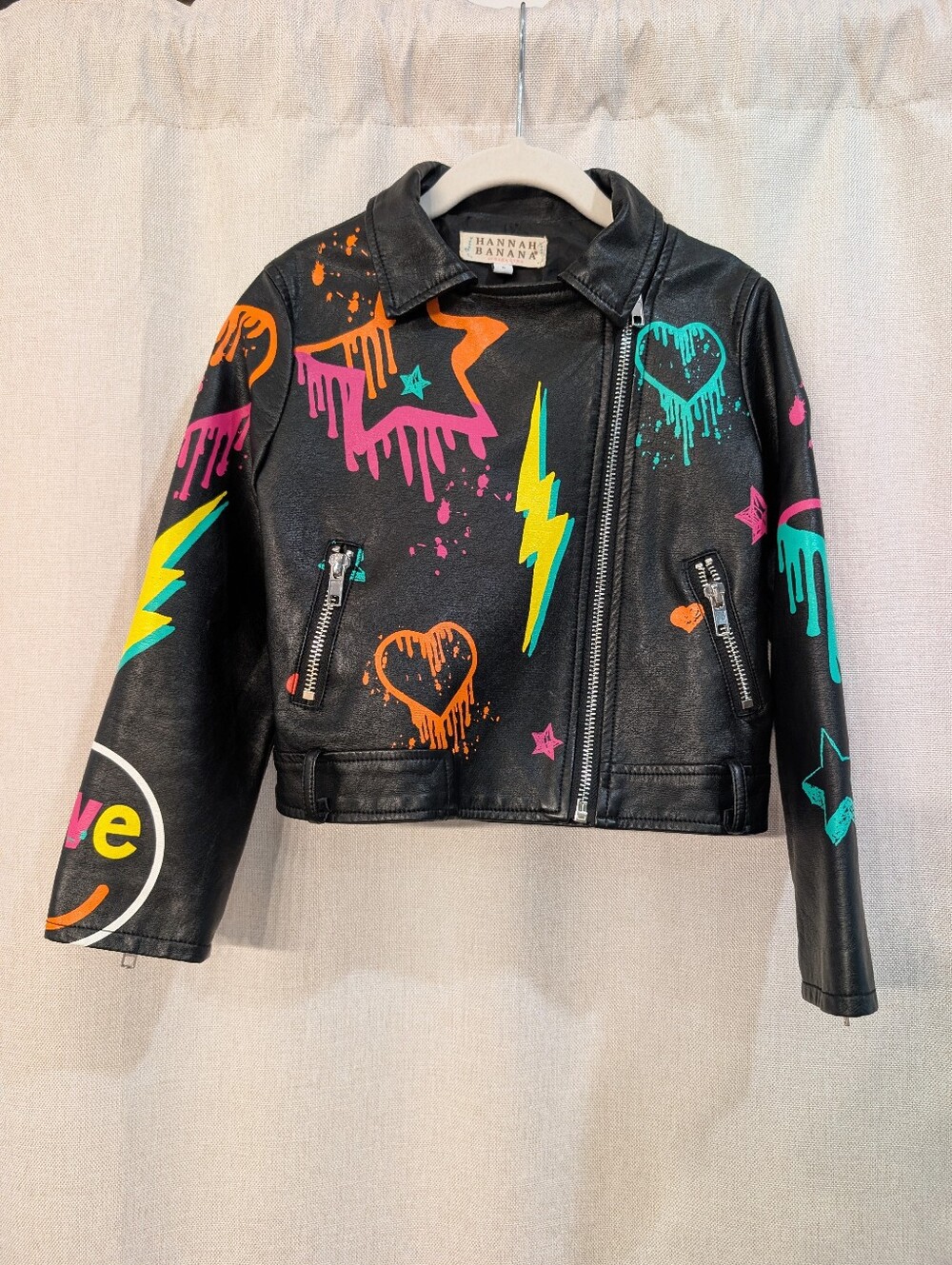 Hannah Banana Girls Neon Graffiti Faux Leather Moto Biker Jacket Size 5